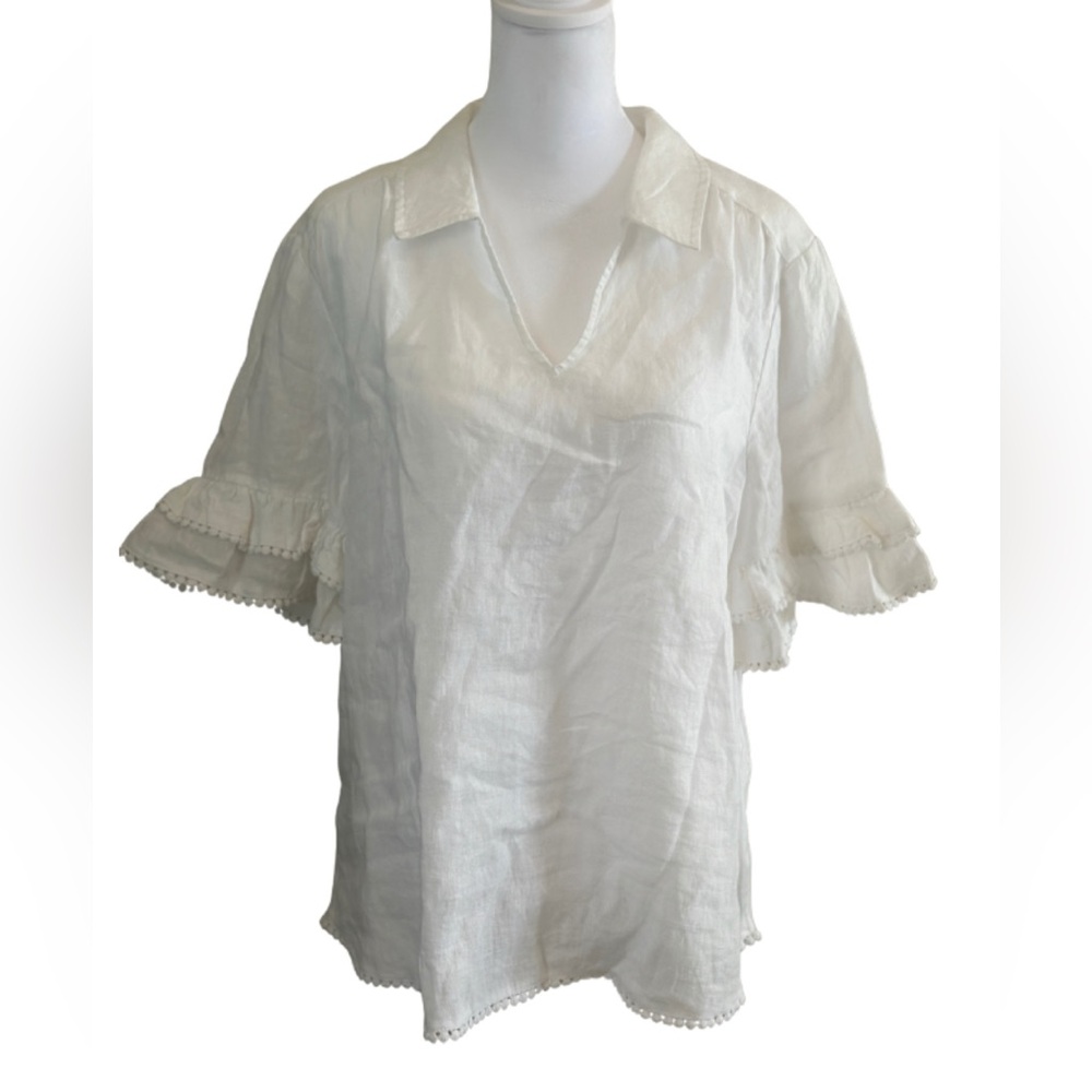 Chico's White Flutter Sleeve Blouse with Notched Collar